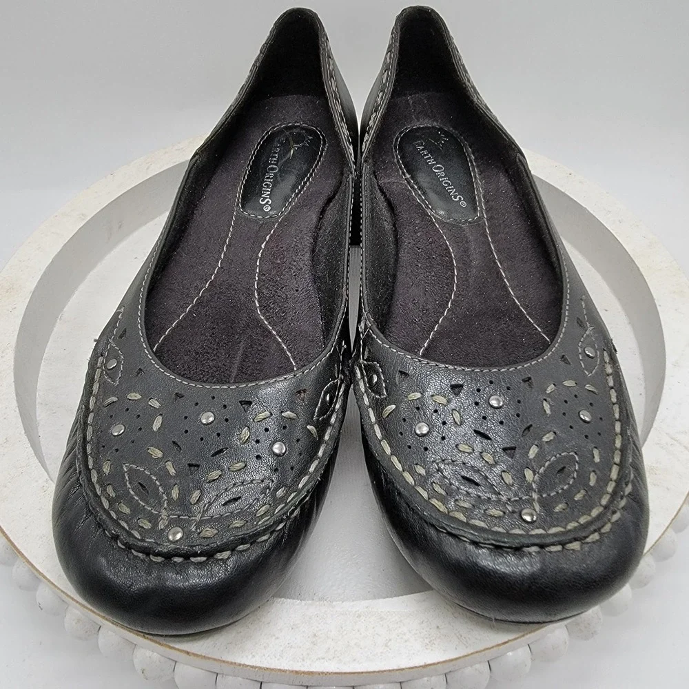 Earth Origins Shoes Womens Sz 6.5 Black Natalie2 Leather Slip-On Ballet Flats